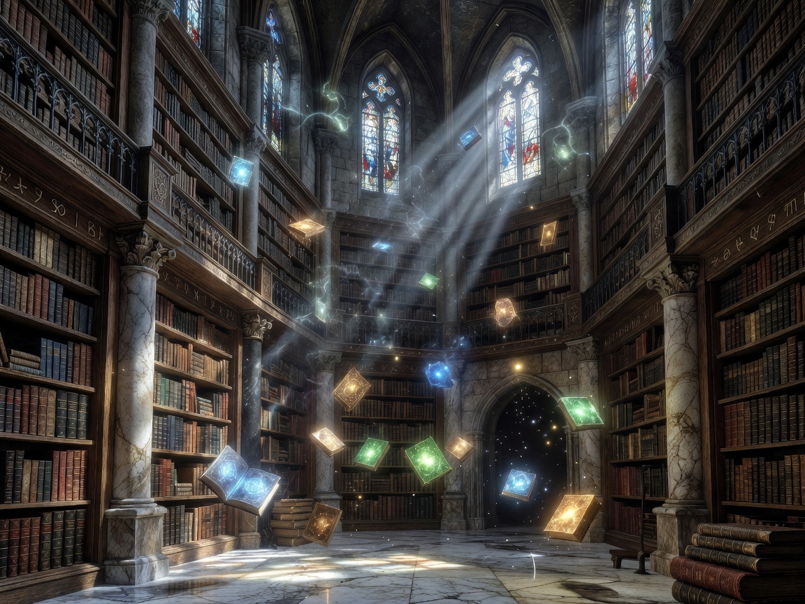 A grand magical library with towering shelves and floating glowing books