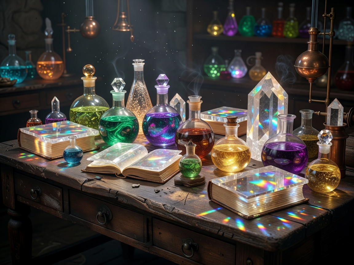 Glowing magical potions and crystal tomes on an ancient wooden desk